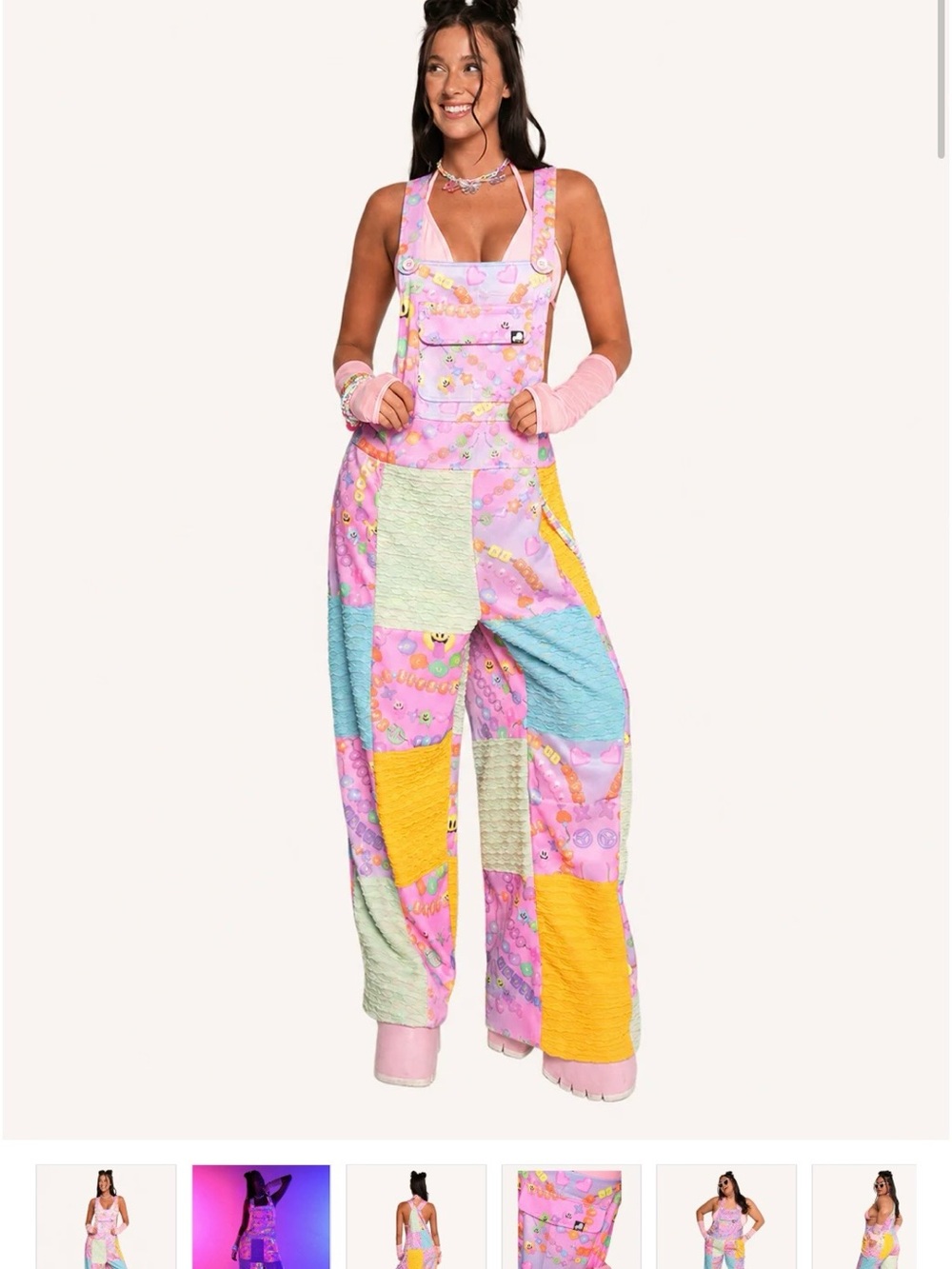 iHeartRaves Pastel Patchwork Overalls in Pink, Yellow, Blue, Green